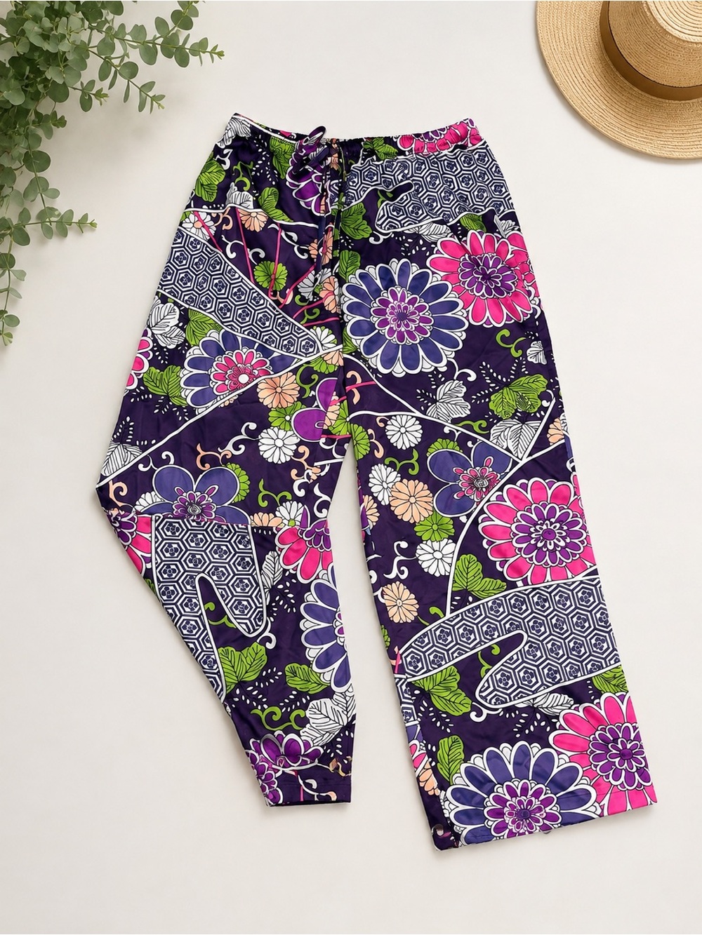 Natori Vibrant Floral Wide Leg Lounge Pants Satin Sleep Purple Pink Green S
